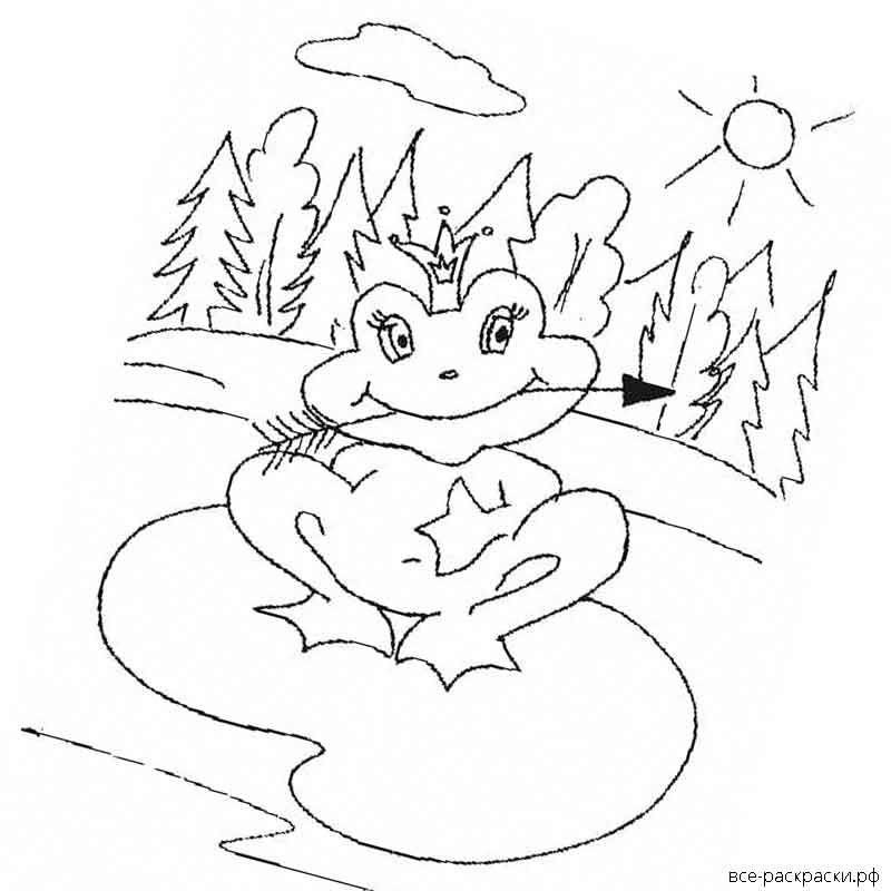 Рисунок лягушки для детей карандашом царевны, путешественницы из сказки, мультика на камне, болоте, кувшинке со стрелой, открытым ртом, короной