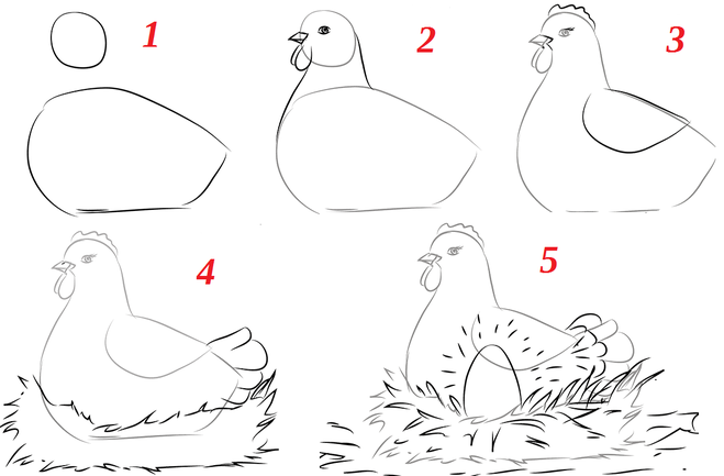 Рисунок курицы для детей карандашом для раскрашивания для детей с цыплятами, яйцом, котятами из сказки