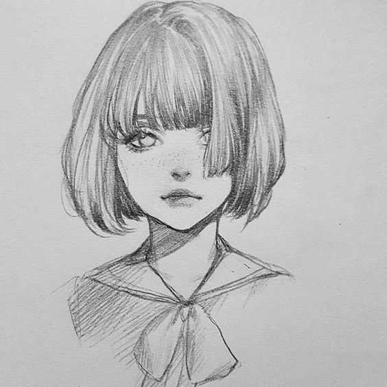 Портрет девушки с короткими волосами с карандашом поэтапно