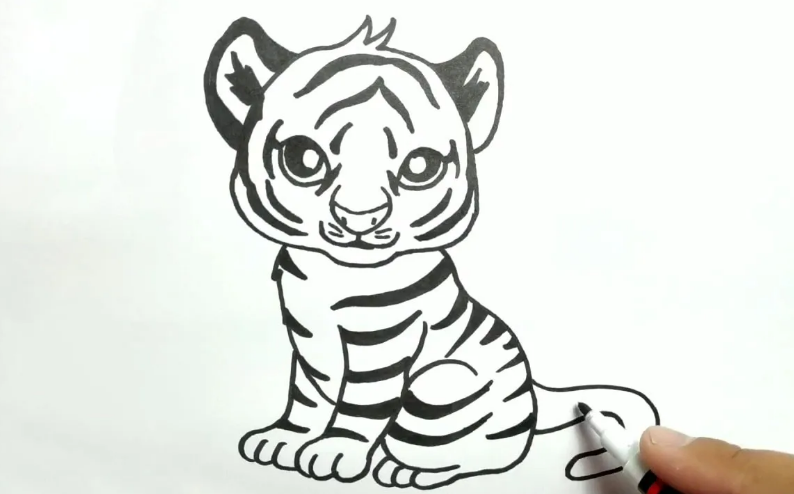 Рисунки тигра и тигренка на новый год 2022: карандашом, акварелью, фломастерами (раскраска) — мультяшные, прикольный зимний в шапке