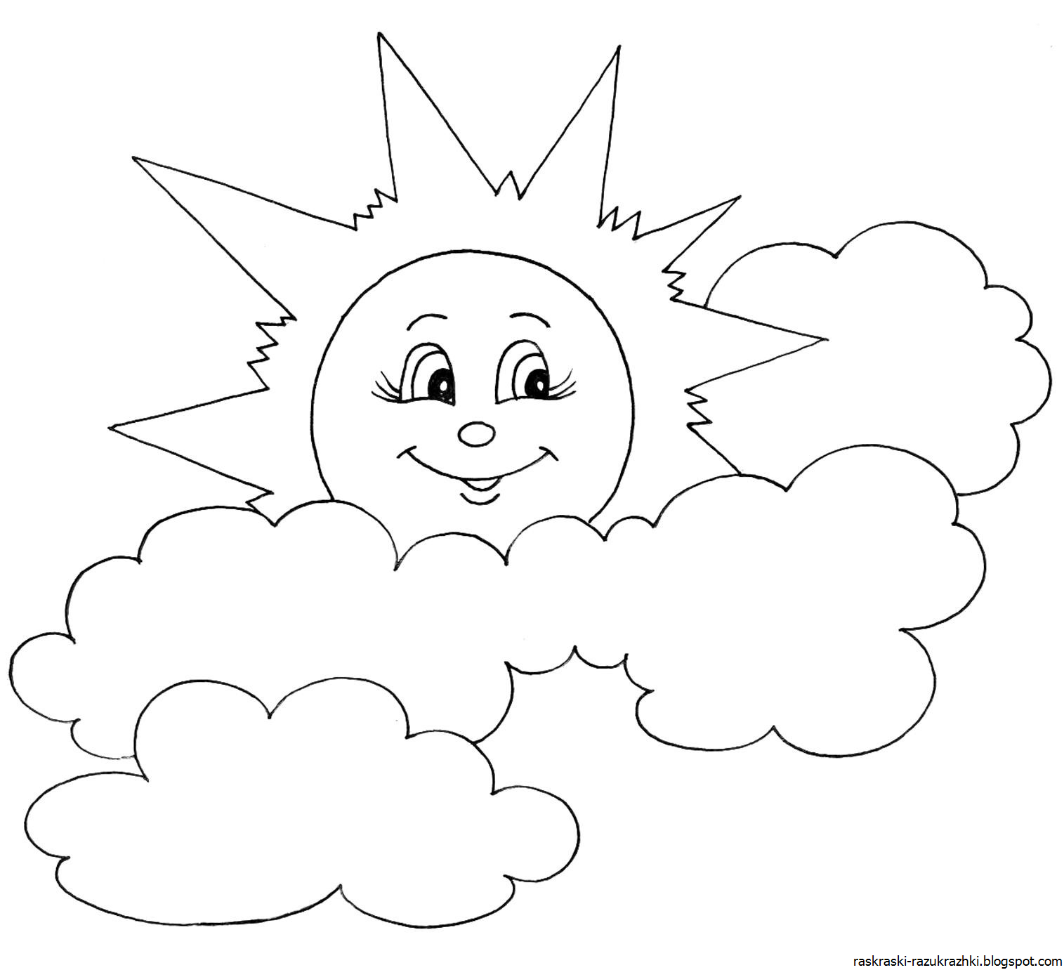 Раскраска солнышко для рисования с детьми с улыбкой и лучиками и без, облаками. распечатать