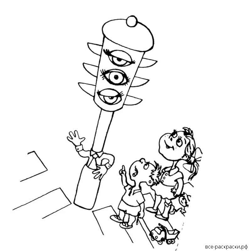Рисунок светофора для детей для раскрашивания карандашом, красками смешного с руками, дорогой, лицом
