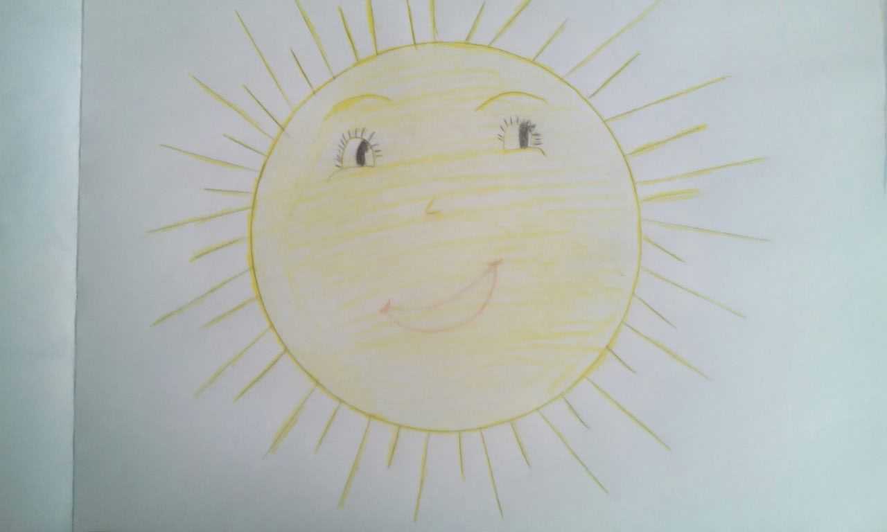 Как нарисовать солнце, рисунки для детей карандашом, красками, с милым лицом, лучами, необычными лучами, облаками, на ладошке, восход, на закате На расстоянии 1-2 см от контура, через равные промежутки, изобразить деформированные овалы, приблизительно оди