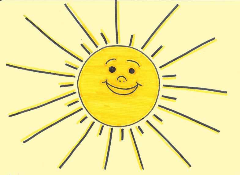Солнце рисунок для детей карандашом, красками с лучами, улыбкой, лицом на ладошке, закат, восход